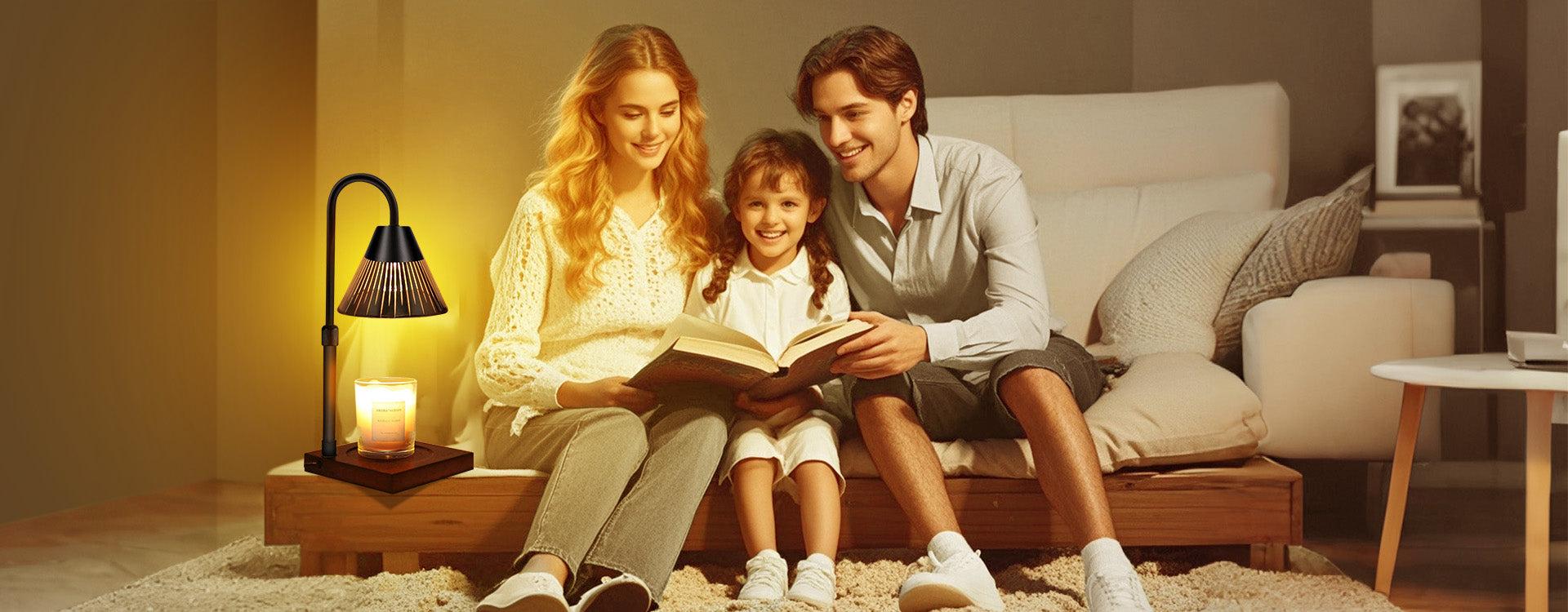 A family of three read books under the light of electroplated lamps