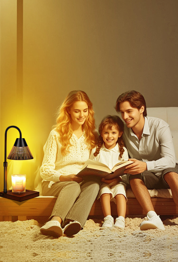 A family of three read books under the light of electroplated lamps